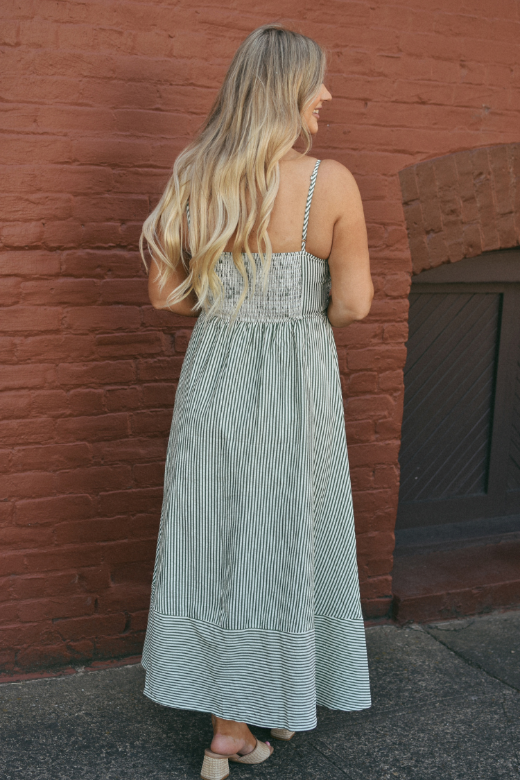 Cabana Stripe Basque Waist Midi Dress