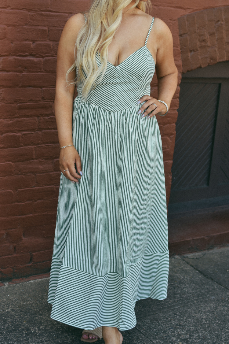 Cabana Stripe Basque Waist Midi Dress