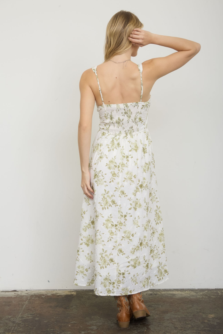 Olive Blossom Eyelet Midi Dress