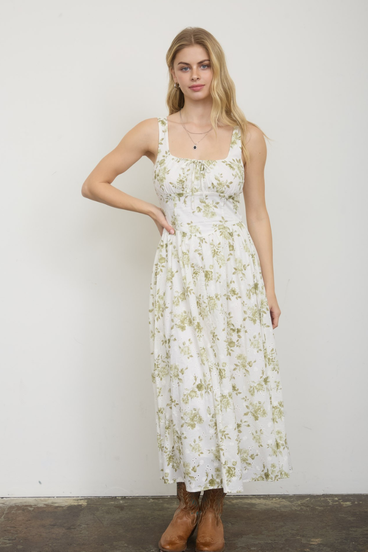 Olive Blossom Eyelet Midi Dress