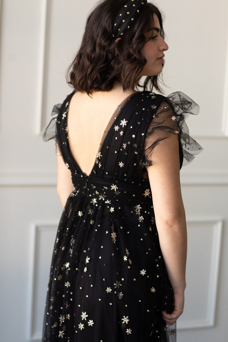 Starry Eyed Sequin Star Mesh Maxi - Black