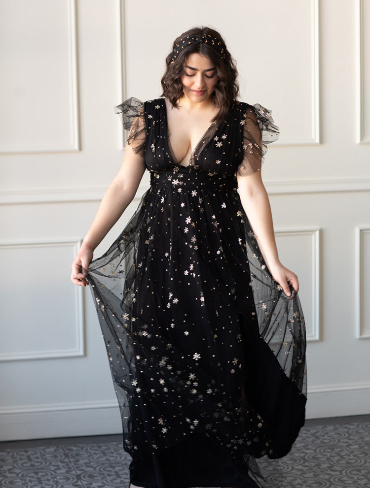 Starry Eyed Sequin Star Mesh Maxi - Black