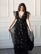 Starry Eyed Sequin Star Mesh Maxi - Black