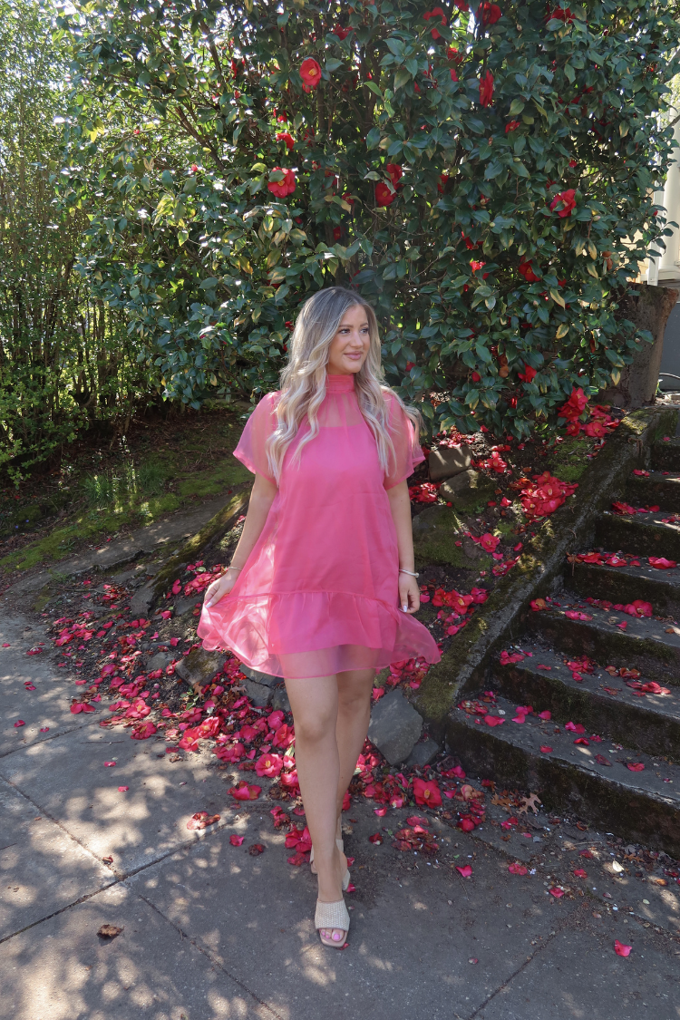 Berny Organza Mock Neck Mini Dress - Pink