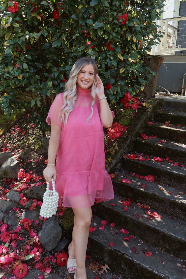 Berny Organza Mock Neck Mini Dress - Pink