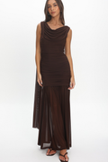 Athena Ruched Cowl Neck Maxi Dress - Chocolate Brown