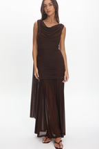Athena Ruched Cowl Neck Maxi Dress - Chocolate Brown
