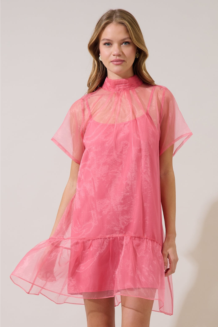 Berny Organza Mock Neck Mini Dress - Pink