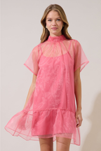Berny Organza Mock Neck Mini Dress - Pink