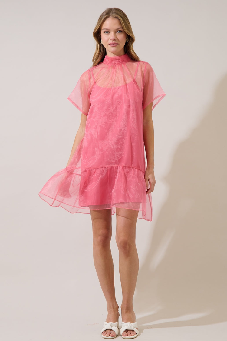 Berny Organza Mock Neck Mini Dress - Pink