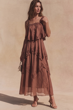 Amelié Lace Tiered Midi Dress - Chocolate Brown