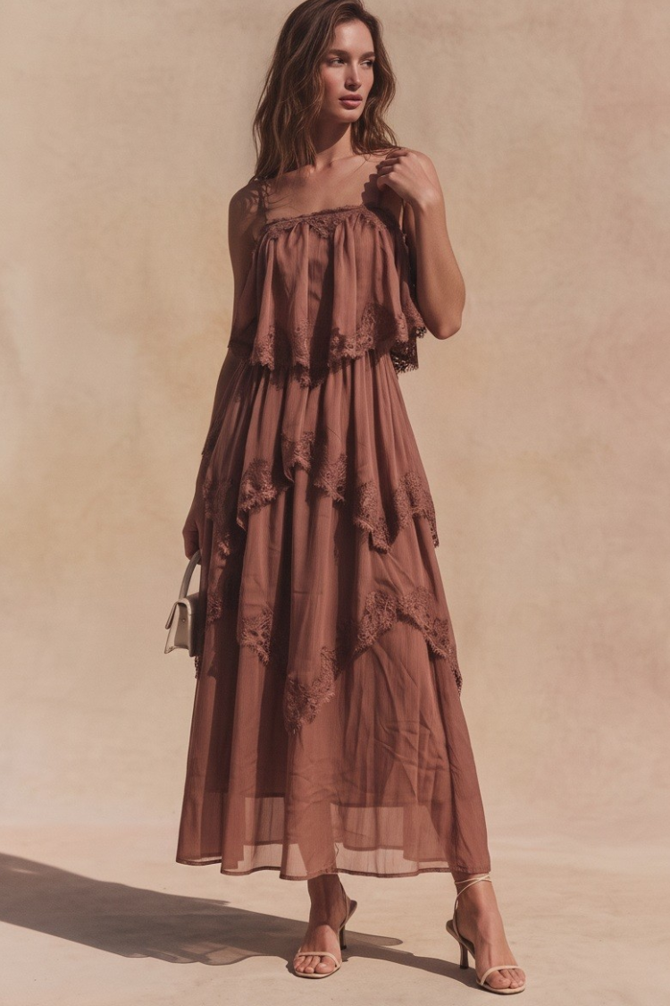 Amelié Lace Tiered Midi Dress - Chocolate Brown