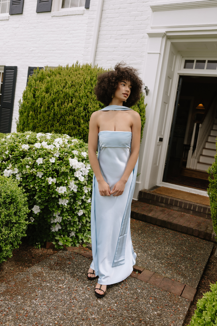 Elsa Ice Blue Maxi Dress with Neck Scarf - FINAL SALE