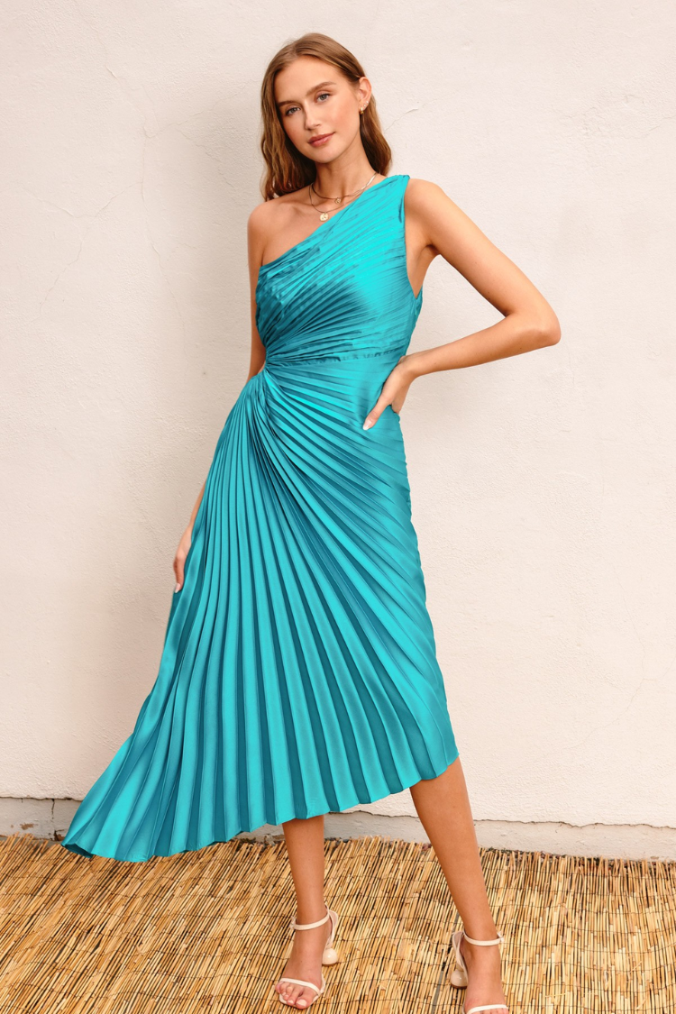 Olympia Teal Pleated One Shoulder Gown