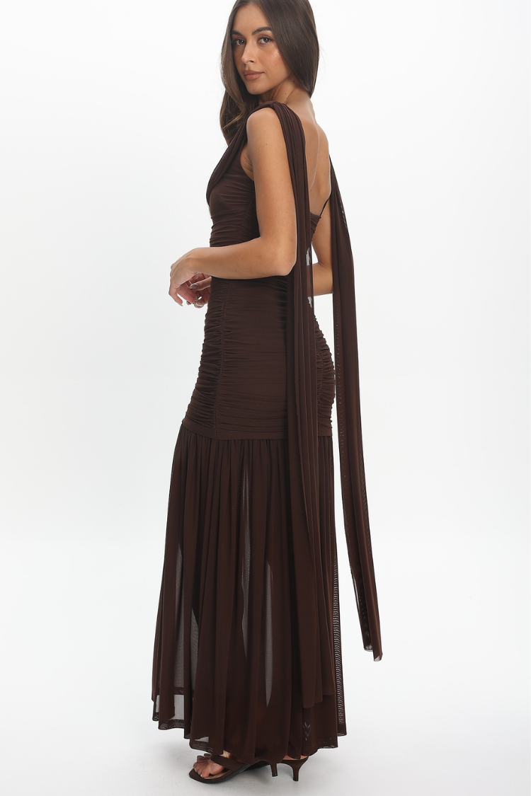 Athena Ruched Cowl Neck Maxi Dress - Chocolate Brown