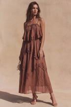 Amelié Lace Tiered Midi Dress - Chocolate Brown
