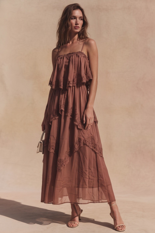 Amelié Lace Tiered Midi Dress - Chocolate Brown