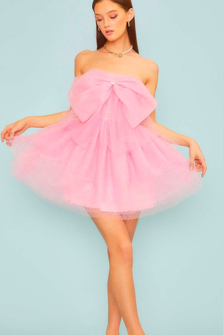 Lowery Swiss Dot Bow Mini Dress - Pink - FINAL SALE