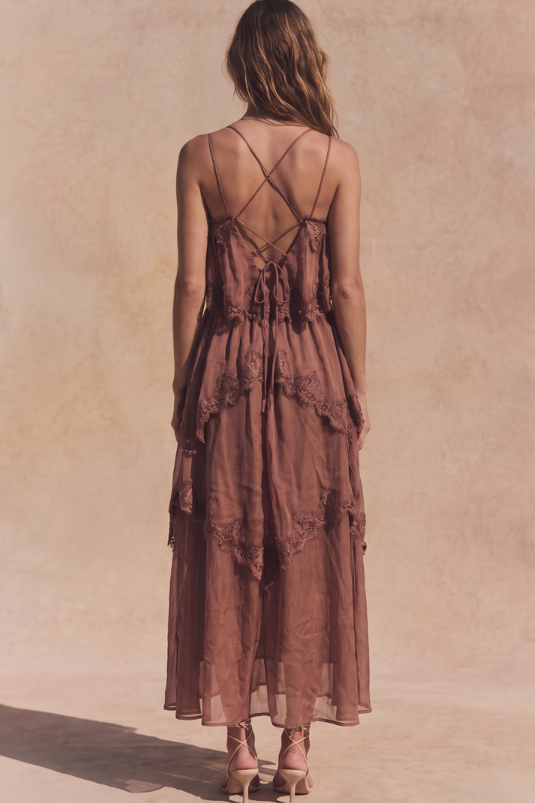 Amelié Lace Tiered Midi Dress - Chocolate Brown