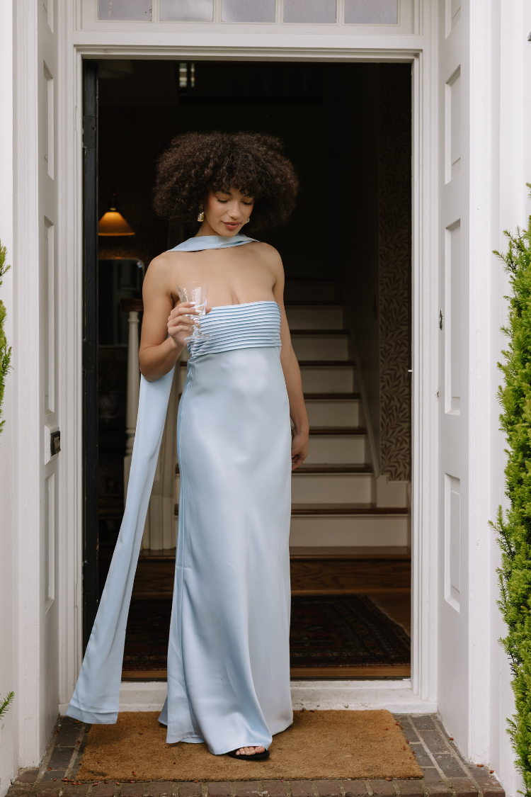 Elsa Ice Blue Maxi Dress with Neck Scarf - FINAL SALE