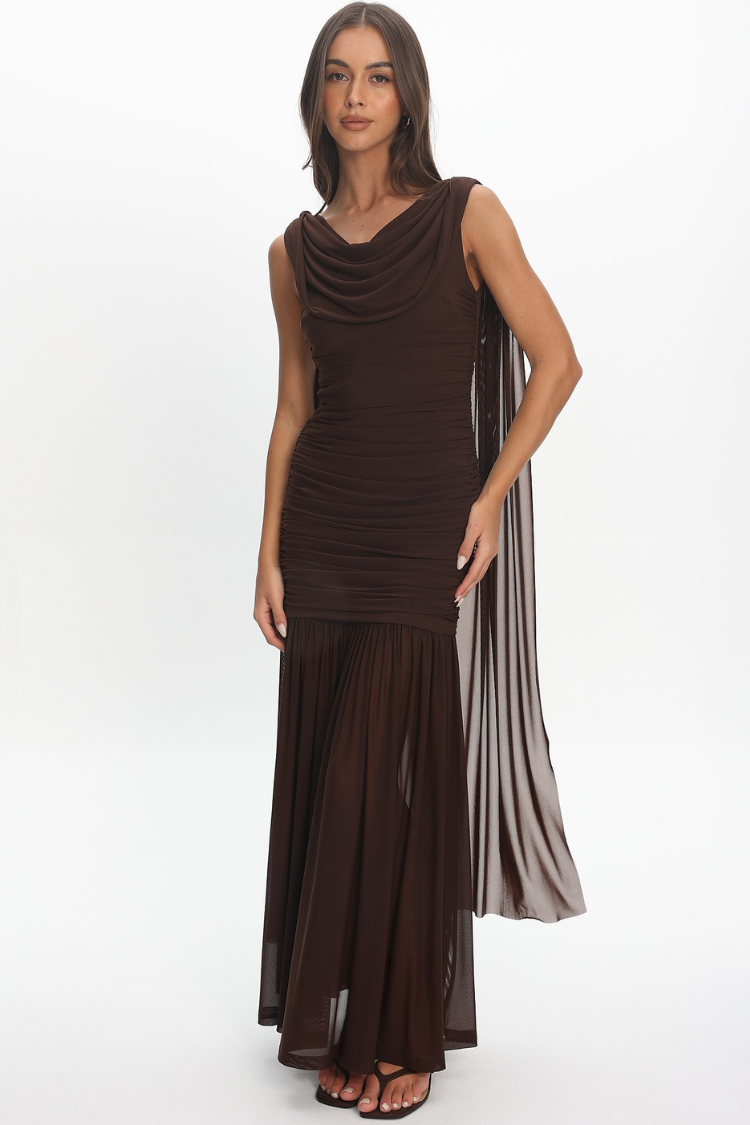 Athena Ruched Cowl Neck Maxi Dress - Chocolate Brown