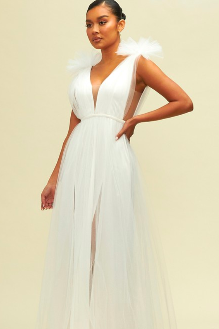 Alessia Tulle Deep V Gown - White - FINAL SALE