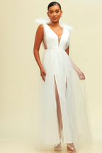 Alessia Tulle Deep V Gown - White - FINAL SALE