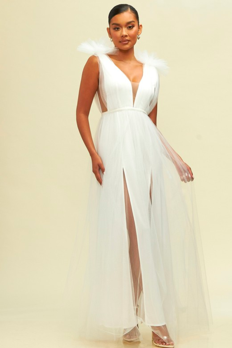 Alessia Tulle Deep V Gown - White - FINAL SALE