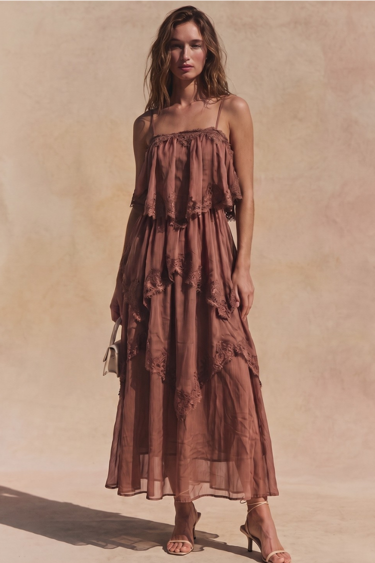 Amelié Lace Tiered Midi Dress - Chocolate Brown