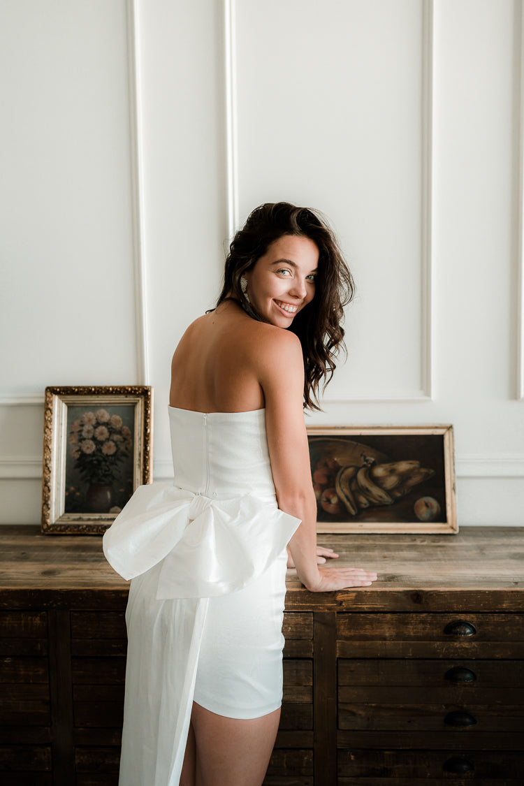 Blakely Bow Back Mini Dress with Train