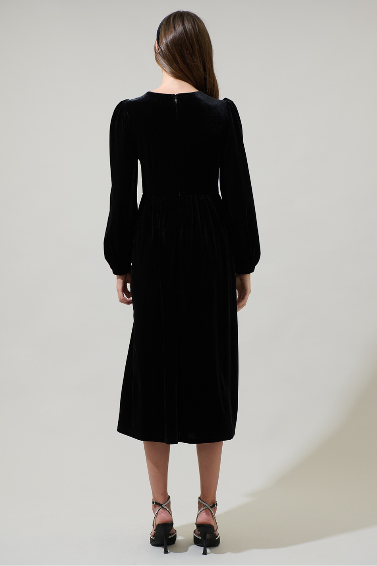 Brigette Bow Velvet Midi Dress - Black