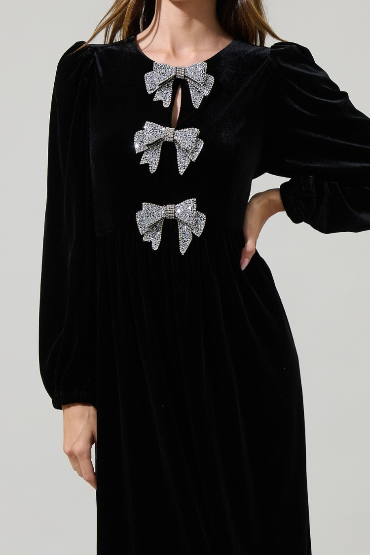 Brigette Bow Velvet Midi Dress - Black