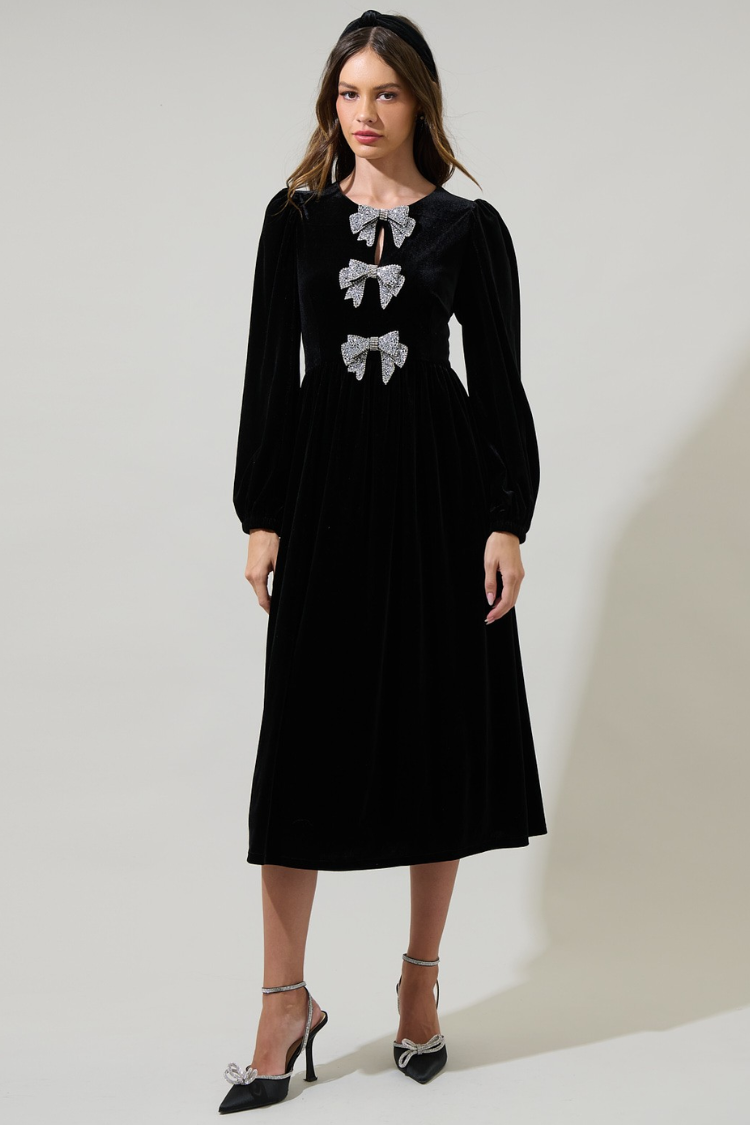 Brigette Bow Velvet Midi Dress - Black