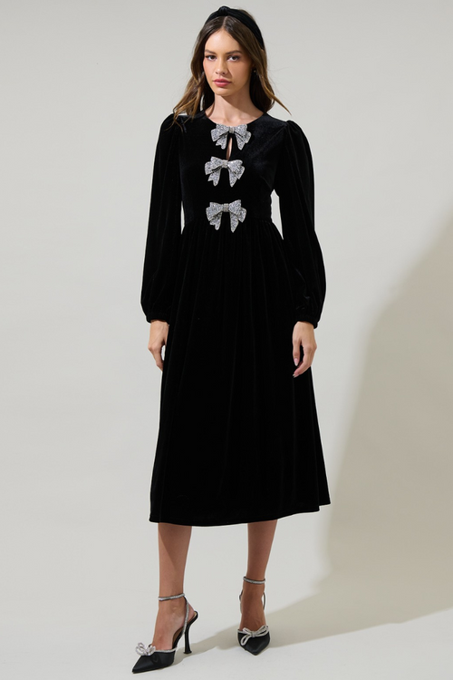Brigette Bow Velvet Midi Dress - Black