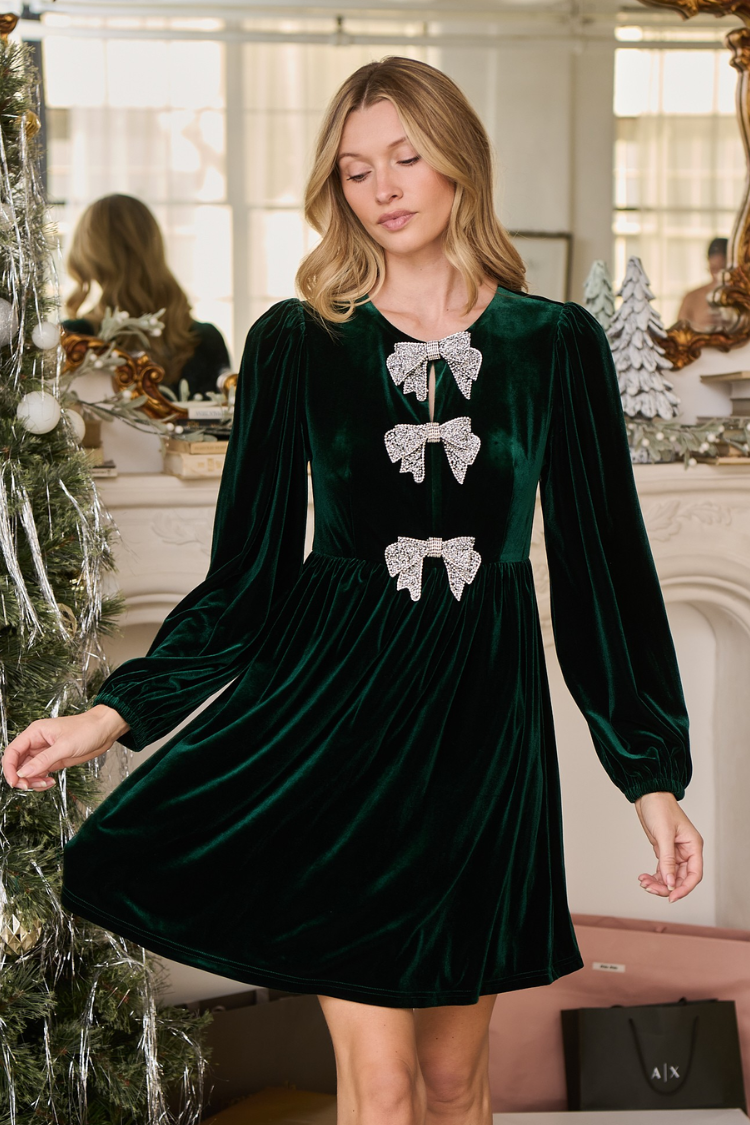 Brigette Bow Velvet Mini Dress - Green