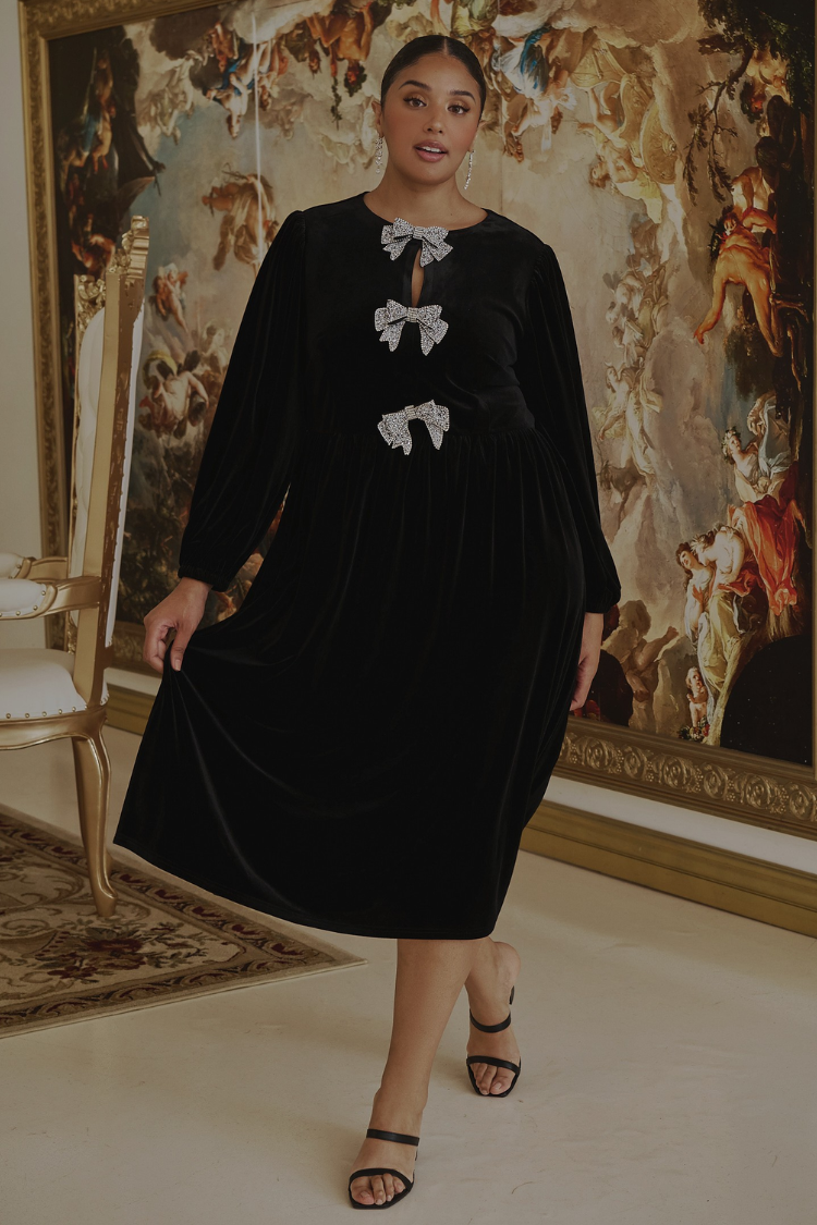 Brigette Bow Velvet Midi Dress - Black