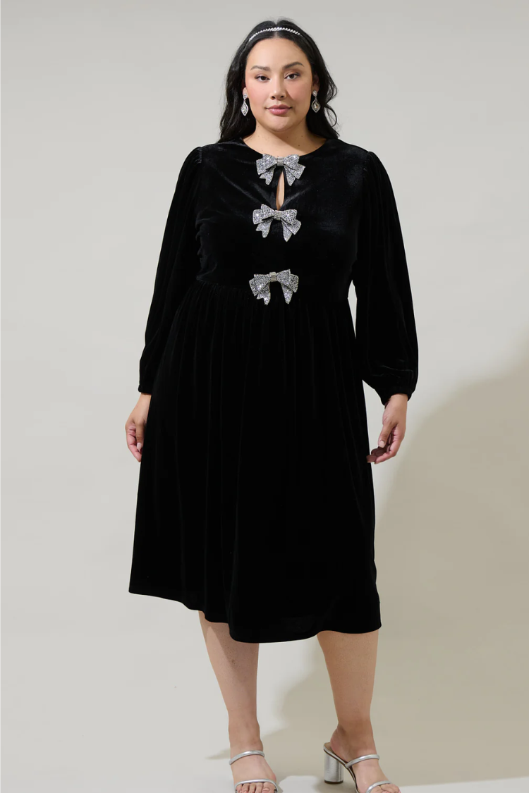 Brigette Bow Velvet Midi Dress - Black