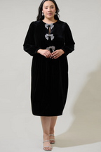 Brigette Bow Velvet Midi Dress - Black