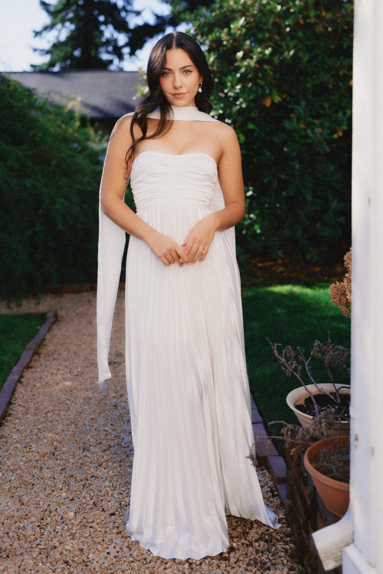 Bronwyn White Strapless Maxi Dress with Neck Scarf