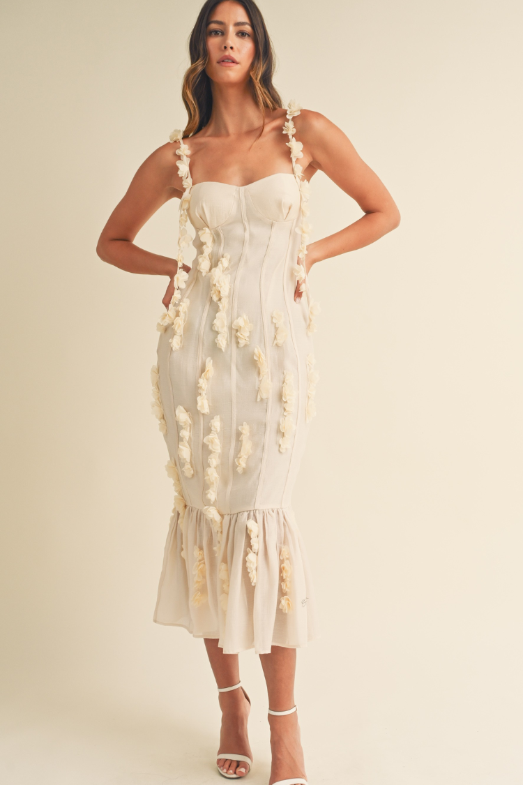 Pre-Order - Camille 3D Floral Bustier Midi Dress - Cream - 9/30