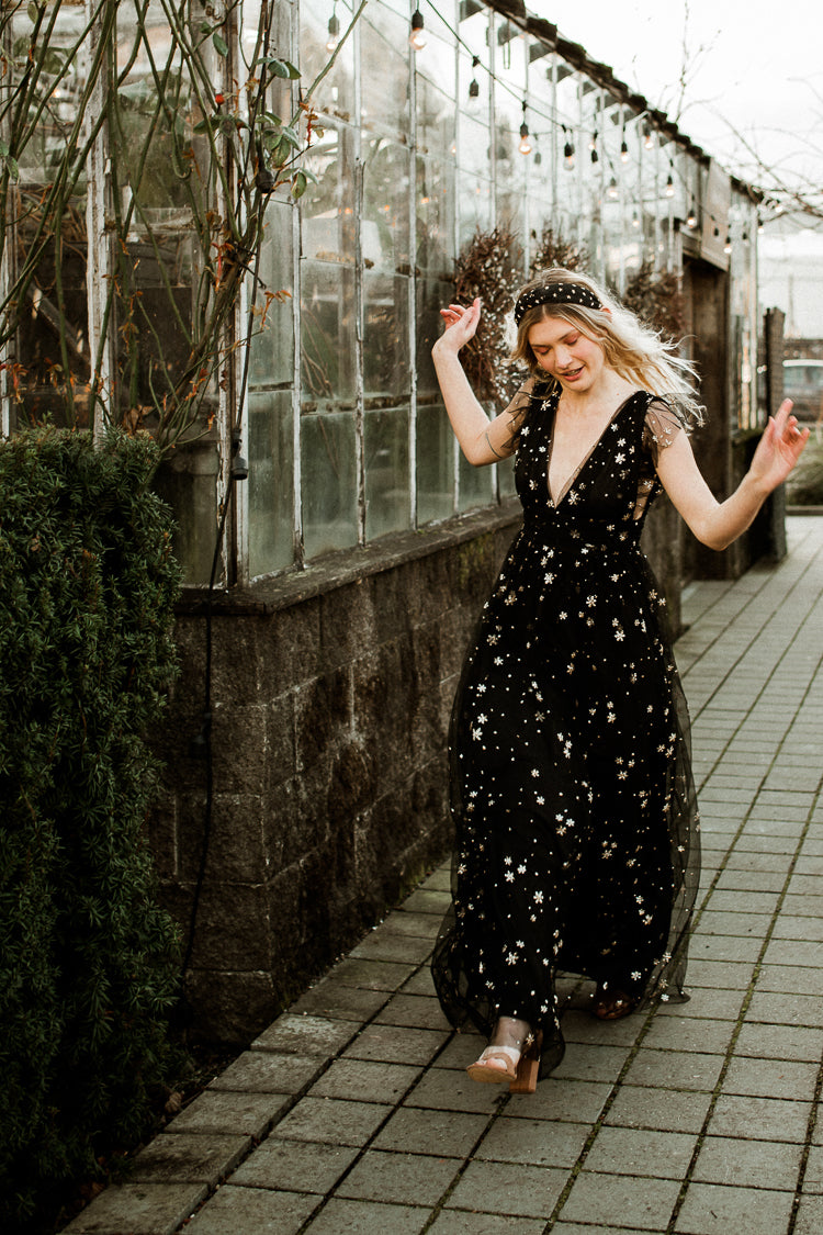 Starry Eyed Sequin Star Mesh Maxi - Black