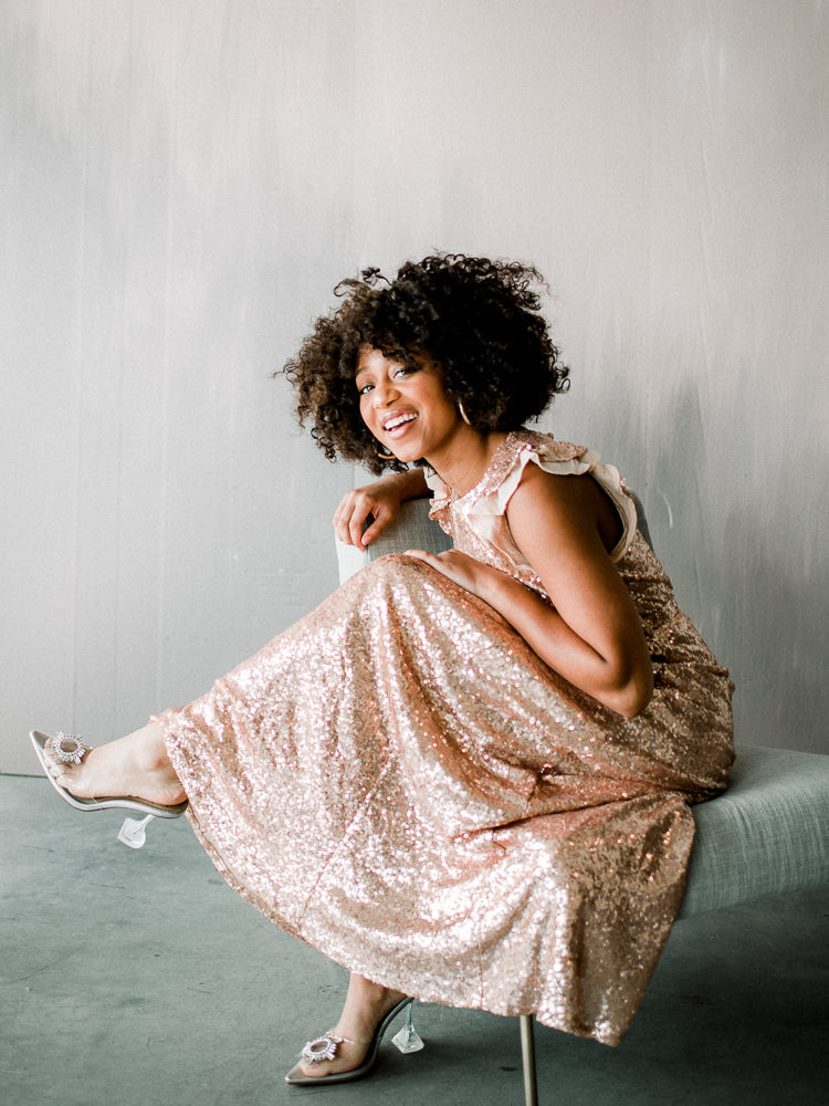Flutter Sleeve Sequin Midi Dress - Rose Gold - FINAL SALE