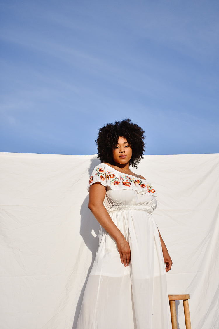 Punta Mita Off the Shoulder Embroidered Maxi Dress