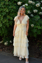 Elodie Butter Yellow Lace Trim Tiered Maxi Dress