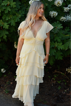 Elodie Butter Yellow Lace Trim Tiered Maxi Dress