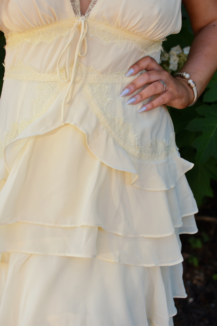 Elodie Butter Yellow Lace Trim Tiered Maxi Dress