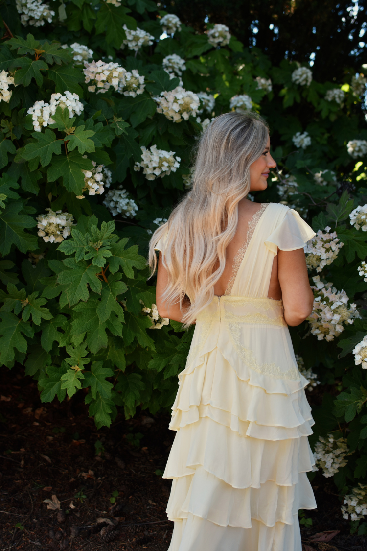 Elodie Butter Yellow Lace Trim Tiered Maxi Dress