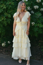 Elodie Butter Yellow Lace Trim Tiered Maxi Dress