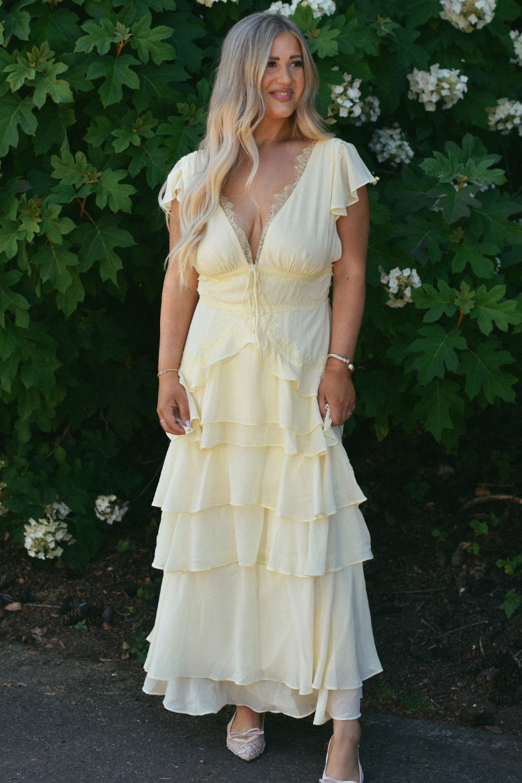Elodie Butter Yellow Lace Trim Tiered Maxi Dress