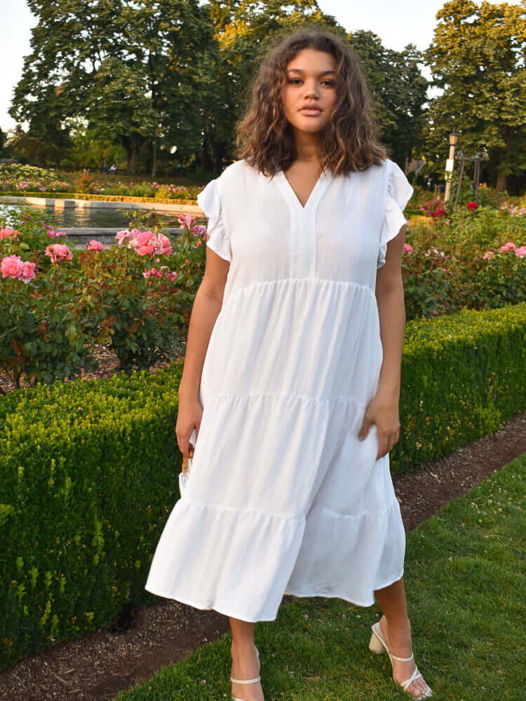 Erika White Flutter Sleeve Midi Dress